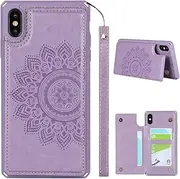 Cavor for iPhone X, iPhone Xs Case Flower PU Leather Wallet Flip Magnetic Clasp Protective Back Cover Kickstand with Lanyard Card Slots Holder Shockproof Case-Horizontal Mandala Purple