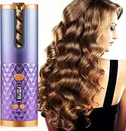Auto Hair Curler, Cordless Automatic Curling Iron, Wireless Rechargeable Rotating Hair Curler with 6 Temp & Timer LCD Display, Fast Heating & Auto Shut Off (Purple)