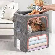 Clothes Storage Bins Box - 2 Pack 22L Cotton and linen foldable Stackable Container Organizer Set with Clear Window & Carry Handles & Metal Frame - Large Capacity for Bedding, Blankets, Toys, Books
