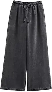 [Zadaos] Female 2 Piece Set Coat Chic Long Sleeve Lapel Pocket Denim Top Lace Up Elastic Waist Loose Solid Wide Leg Pants