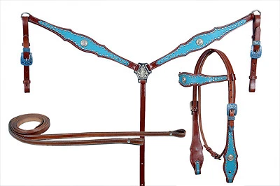 Western Set of Headstall and Breast Collar with BlueOverlay and Matching stone