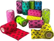 Prairie Horse Supply 4 Inch Vet Wrap Tape Bulk (Black, Red, Yellow and Black Paw Prints on Yellow, Red, Teal) (Pack of 24) Self Adhesive Adherent Adhering Flex Bandage Grip Roll for Dog Cat Pet