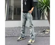 Retro all-match ripped washed patchwork jeans men's loose straight trousers