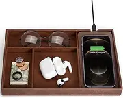 [wireless future charger] Valet Tray, Built in Wireless Charging Pad, Nightstand Organizer, Catch All Trays, Mens Jewelry Box, Valet Charging Station, Faux Leather Valet Tray for Men and Women, Brown