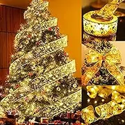 16.4ft/5m Fairy Lights Christmas Tree Ribbon, 50 LED Battery Operated Shining String Lights Ribbon for Christmas Tree Decorations & New Year Party Wedding Indoor Outdoor, Gold Warm Light
