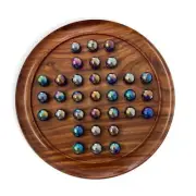30cm Diameter WOODEN SOLITAIRE BOARD GAME with LUSTERED BLUE GLASS MARBLES