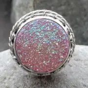 Offerings Sajen 925 SS One of a Kind Golden Dream Lotus Pink Druzy Ring Size 7
