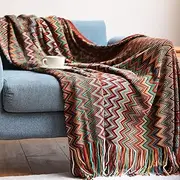 [SlowTon] Boho Throw Blankets, Knitted Reversible Soft Bohemian Throw Blankets with Tassels, 50 × 71 Inch Decorative Warm Cozy Throw Blanket for Sofa Couch Bed and Living Room - All Seasons
