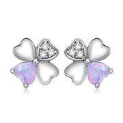 Sterling Silver Opal CZ Four-Leaf Clover Stud Hypoallergenic Earrings