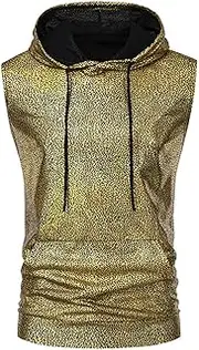 [Generic] Men's Shiny Metallic Hooded Vest Drawstring Sleeveless Tees Summer Slim Fit 70s 80s Disco Party Top with Pocket