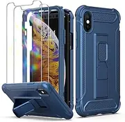 ORETECH Designed for iPhone X/Xs Case with [2 x Tempered Glass Screen Protectors] [Heavy Duty Protection] [Kickstand & Phone Holder] 5 in 1 Full Body Shockproof Protective Cover for iPhone X/Xs - Blue