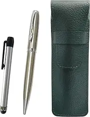 Grain Leather Pencil Case Moss Green Metal Touch Stick Silver and Elegant Silver Rotating Ballpoint Pen Set SASMG-ALST-LF01CB
