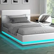 ALFORDSON Gas Lift Storage Bed Frame Base with Headboard & LED Light Bertold Series, Mattress Topper Platform Foundation with PU Leather Upholstery, 200kg Capacity, Single, White Colour