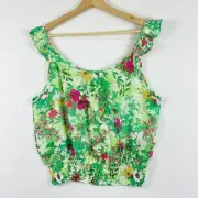 Rose + Olive Green Floral Sleeveless Rayon Cropped Top Blouse Shirt Womens Small