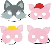 3 Little Pigs and Big Bad Wolf Masks Costume for Kids, 4pcs Felt Half Face Masks Perfect for Costume Parties, Classroom Activities, Bedtime Storytelling