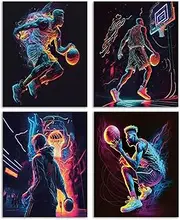 HTTG Basketball Poster- Neon Light Set of 4 (8''x10'') Unframed Sports Wall Art Superstar Posters for Walls Decor Bedroom Living Room Gym Office Great Gift Sports Basketball Fan
