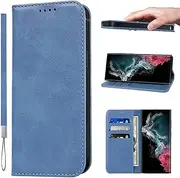 LANJLM Samsung Galaxy S23 Ultra Case with Wrist Strap PU Leather Wallet Case Card Holder Shockproof Samsung S23 Ultra Flip Cover - Blue