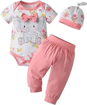 [Kumsolu] Baby Girl Clothes Elephant Printed Sleeve Tops +Pants +Hat 3-Piece Outfit Set