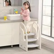 PADFURN Toddler 3 Step Stool Kids Standing Tower for Toddlers Plastic Learning Helper Stool for Kitchen Counter Bathroom Sink Toilet Potty Training with Handles and Non-Slip Pads(Grey White)
