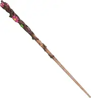 Cottage Garden 13.75-in Resin Collectible Witch Wizard Cosplay Magic Wand, Brown Woodgrain Pink Flower