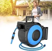 Garden Hose Reel, Retractable Wall Mounted Hose Pipe, Auto Lock & Rewind, 7 Function Spray Gun & Nozzle 150 Degree Pivot Swivelling, Long Reach, for Car Home Cleaning, Garden Watering 27M