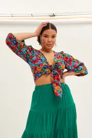 Red Floral Crop Top Short Sleeve Tie Front