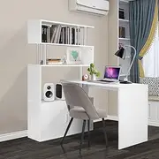 Luxsuite L Shaped Computer Desk Rotating Corner Desk Study Home Office Writing Table 3 Bookshelf & 2 Cabinet White