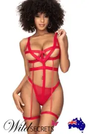 NEW Mapale by Espiral Trix Red Harness Open Cup Bodysuit, Teddy/Bodysuit