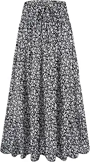 [MJBGSHOW] Womens Ruffle Maxi Skirts:High-Waist Elastic Pleated Long Skirt-Summer Casual Boho Flowy Skirts with Drawstring