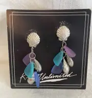 Vtg Blue Teal Purple Frosted Design Silver Tone Sea Shells Dangle Clip Earrings
