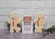 Pink Gingerbread House Advent Calendar Girl & Boy Figures Christmas Wood 3 Pc