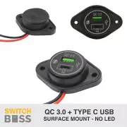 USB-C + QC 3.0 USB - NO LED Surface Mount Panel - 12v QC Outlet Power Socket