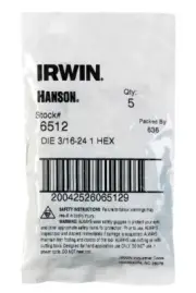 Irwin 6512 Hanson SAE High Carbon Steel Hexagon Die 3/16 in.-24 NS (Pack of 5)