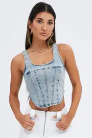 Denim Corset Sleeveless Scoop Neck Longline Stretch - Size 12, Women's Cami