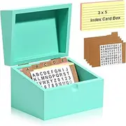 3 x 5 Inch Wood Index Card Holder Bamboo Index Card Box Blue Recipe Card Holder Note Card Organizer with 100 Ruled Lined Index Cards 5 Kraft Dividers A-Z Stickers for Holds 400 Cards Tabs Flash Cards