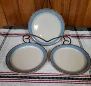 8 New Corelle Skyscape 8 1/2" Salad Plates, Blue & Brown Bands on Edge