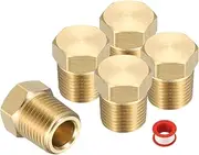 uxcell 5Pcs Brass Hex Head Plug Compression Cap Fitting Stop Valve Cap, 1/8" NPT Hex Thread Pipe Fitting Flare Cap Tubing Ends Sealing Cap with PTFE Tape for Air Conditioner, Water, Gold