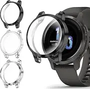 Fintie 3 Packs Screen Protector Case Compatible with Garmin Venu 2S/Vivoactive 4S, Soft TPU Plated Bumper Full Cover Protective Cases [Scratch-Proof], Black/Clear/Silver
