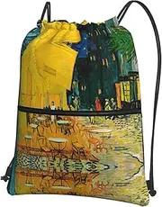 EdWal Cafe Terrace At Night Print Drawstring Backpack Gym Bags Sports Bags With Zipper Pocket For Travel Beach, Black, One Size
