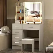 Umeiga LED Lights Vanity Set with 3 Color Light Settings, Vanity Desk with Drawers and Shelves, Sliding Mirror Vanity Table with Cushioned Stool for Girls and Women