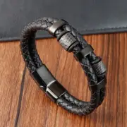 Men's Leather Braided Bracelet Bangle Titanium Steel Clasp Bracelet Magnetic