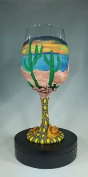 Hand Sculpted Art on Wine Glass Desert Sunrise Landscape Black Light Sensitive