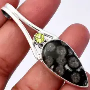 Black Flower Fossil Coral & Peridot 925 Sterling Silver Pendant Jewelry P-1006