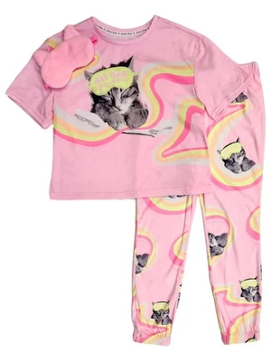 Justice Girls Pink Cat Nap Queen Pajamas Shirt, Joggers & Mask Sleep Set LP12-14