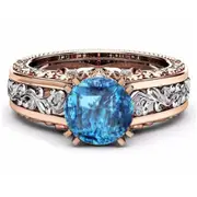 Women Rose Gold Tile Topaz Wedding Engagement Floral Ring Blue 10