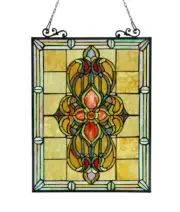 25" x 18" Stained Glass Window Panel Victorian Medallion Suncatcher