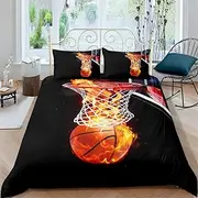 Eveone Basketball Quilt Cover Single/Double/Queen/King Size Bed Sheets Pillowcase Set Cartoon Ball Boy Dunk Sport Fire Orange Game Black Kid Astronaut Bedding 3/4PCS (Double-180 * 210cm-3pcs,2)