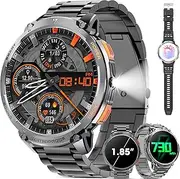 Military Smart Watch for Men 1.85" HD 730mAh Battery Smart Watches with LED Flashlight for Android iOS （Bluetooth Call Answer/Dial Calls） Fitness Tracker Black Steel Strip