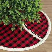 [Starry Dynamo] 60-Inch Double-Sided Cable Knit and Buffalo Plaid Christmas Tree Skirt Reversible with Button Closure