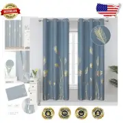 Stone Blue Blackout Curtains with Gold Palm Leaf Pattern, 72x38 Inches, 2 Panels